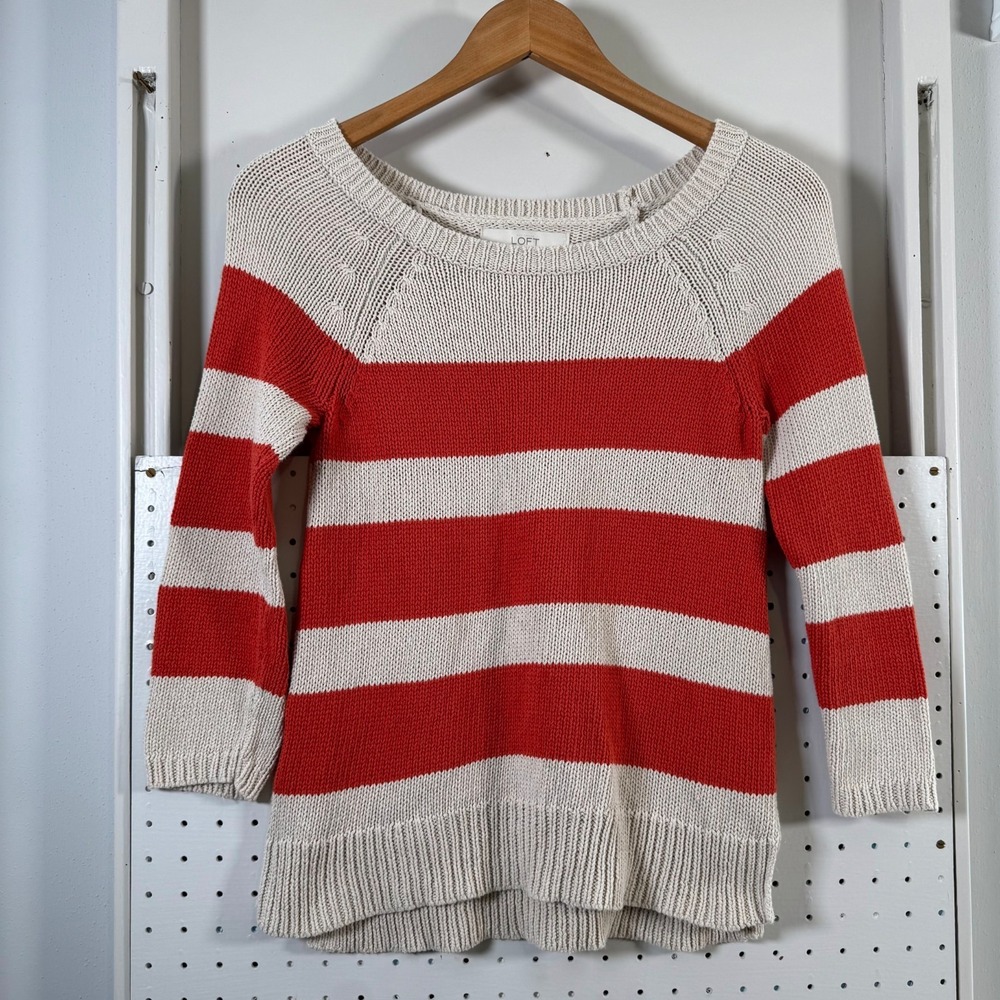 Ann Taylor Loft Sweater Women's‎ Orange cream Striped Knit 3/4 Sleeve Classic XS